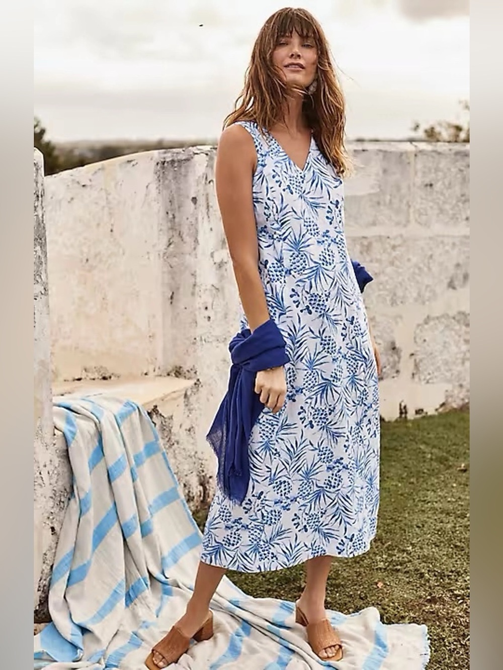J. Jill Love Linen White and Blue Tropical Pineapple Print V-Neck Midi Dress
